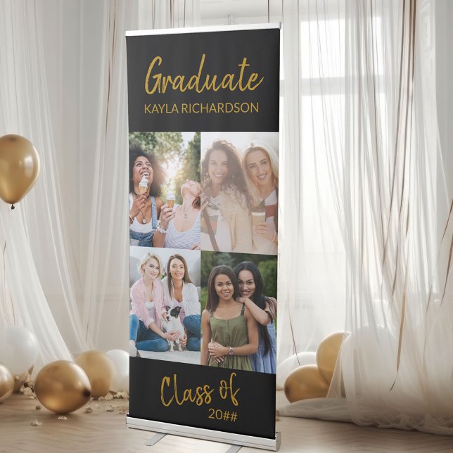 Graduation 4 Photo Collage Black and Gold Retractable Banner (Creator Uploaded)