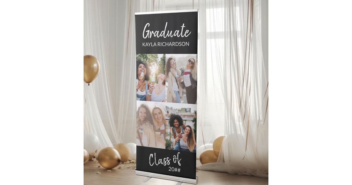Graduation 4 Photo Collage Black and White Retractable Banner | Zazzle