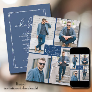 Graduation 4 Photo Collage Blue Party Invitation