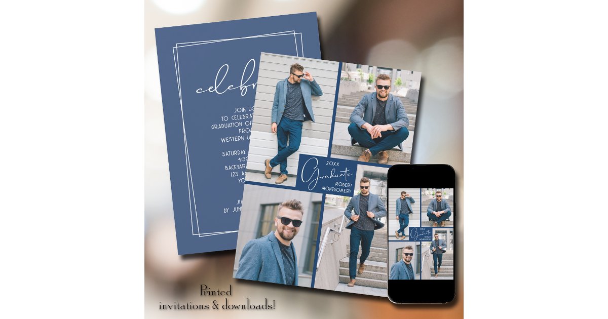 Graduation 4 Photo Collage Blue Party Invitation | Zazzle