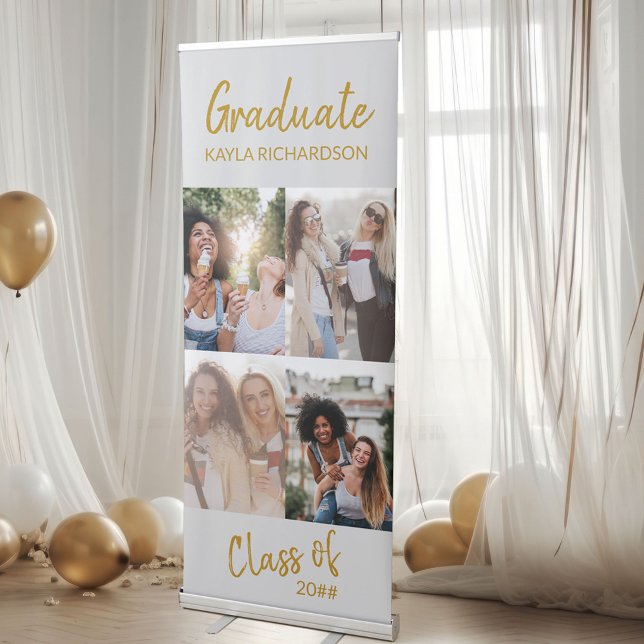 Graduation 4 Photo Collage Grey and Gold Retractable Banner (Creator Uploaded)