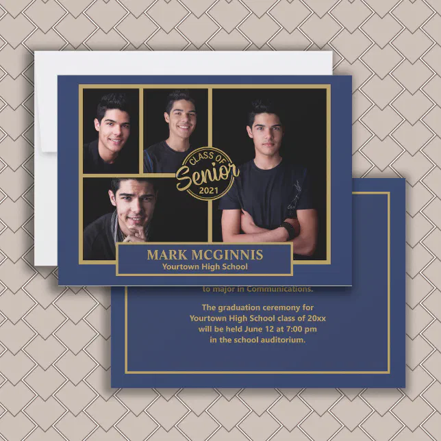 Graduation 4 Photo Collage Navy Blue Gold Invitati Invitation | Zazzle