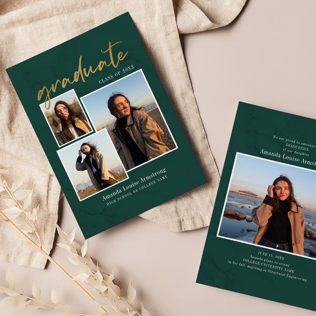 Graduation 4 Photo Collage Script Green Grad 2026 Announcement (Graduation Announcement Photo Collage Green Marble Card)