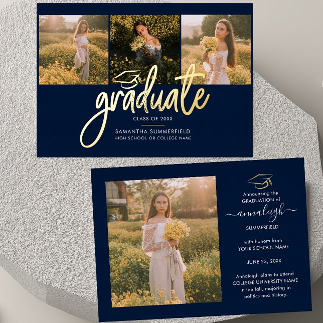 Graduation 4 Photo Collage Script Navy Foil Invitation (Graduation 2025 Script Photos Gold Foil Announcement)