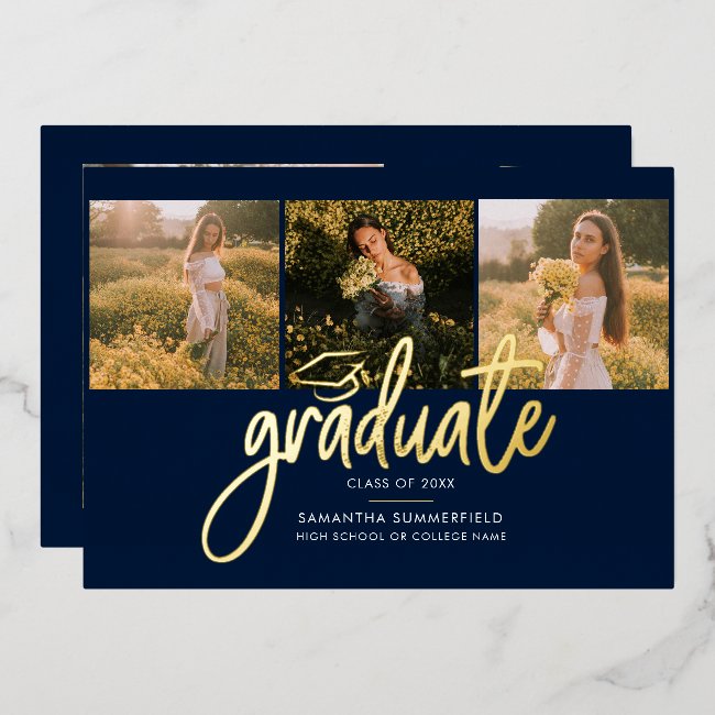 Graduation 4 Photo Collage Script Navy Gold Foil Invitation
