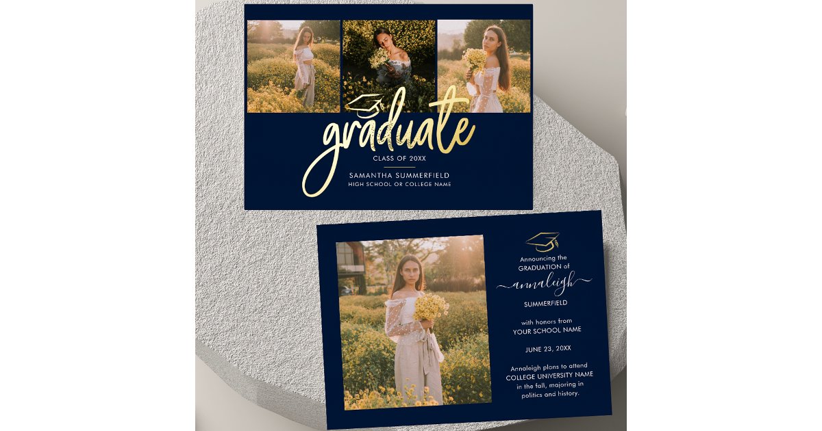 Graduation 4 Photo Collage Script Navy Gold Foil Invitation | Zazzle