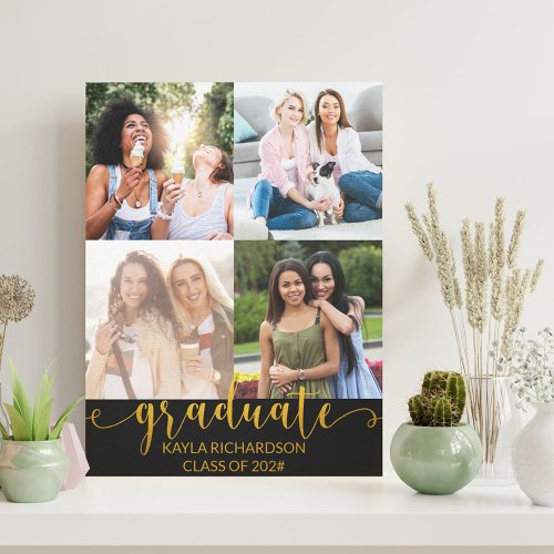 Graduation 4 Photo Grid Collage Black and Gold Canvas Print
