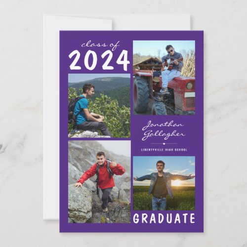 Graduation 4 Photo Handwritten Name  Purple White Announcement