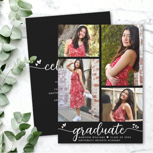 Graduation 4 Photo Modern Calligraphy Hearts Black Announcement