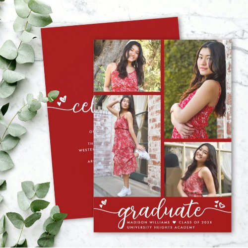 Graduation 4 Photo Modern Calligraphy Hearts Red Announcement