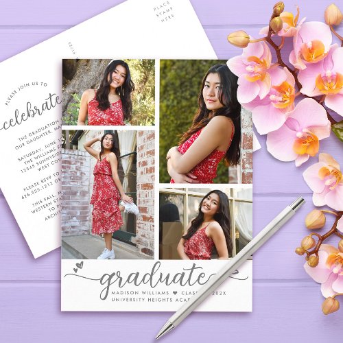 Graduation 4 Photo Modern Elegant Script Hearts Invitation Postcard