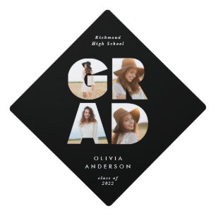 Graduation 4 photo modern personalised black white cap topper