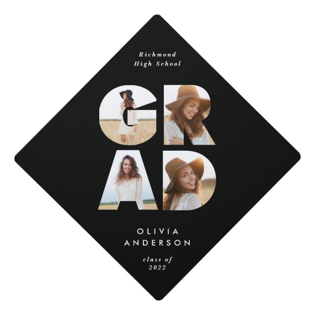 Graduation 4 photo modern personalised black white graduation cap topper (Front)