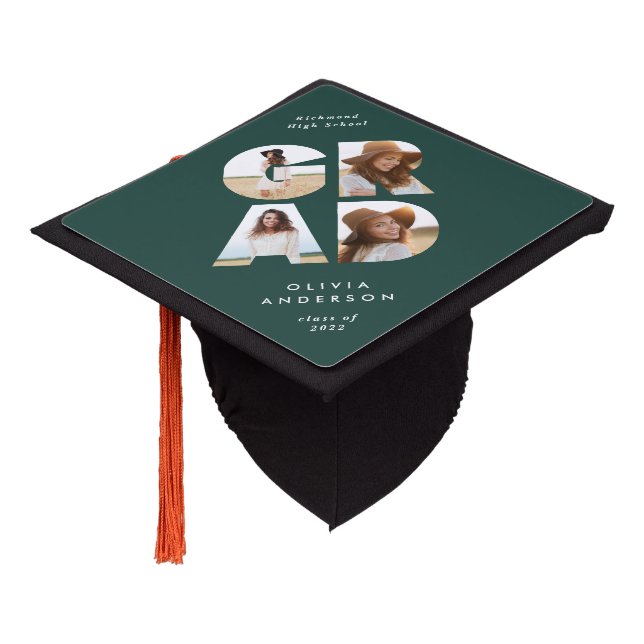 Graduation 4 photo modern personalised green cap topper (Angled)
