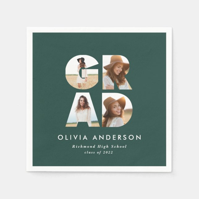 Graduation 4 photo modern personalised green napkins (Front)