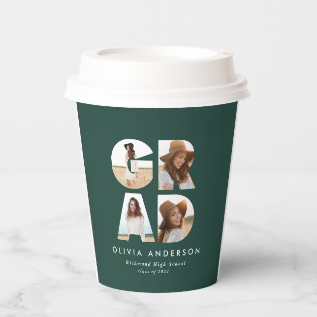 Graduation 4 photo modern personalised green paper cups (Front)