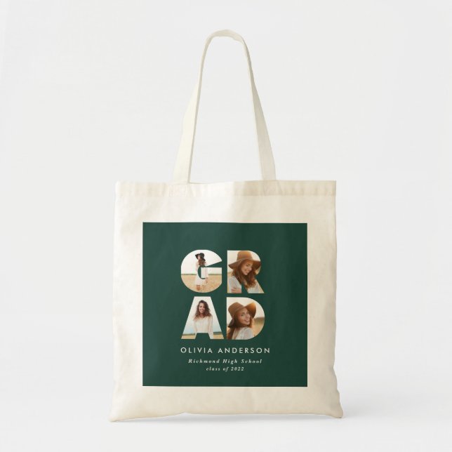 Graduation 4 photo modern personalised green  tote bag (Front)
