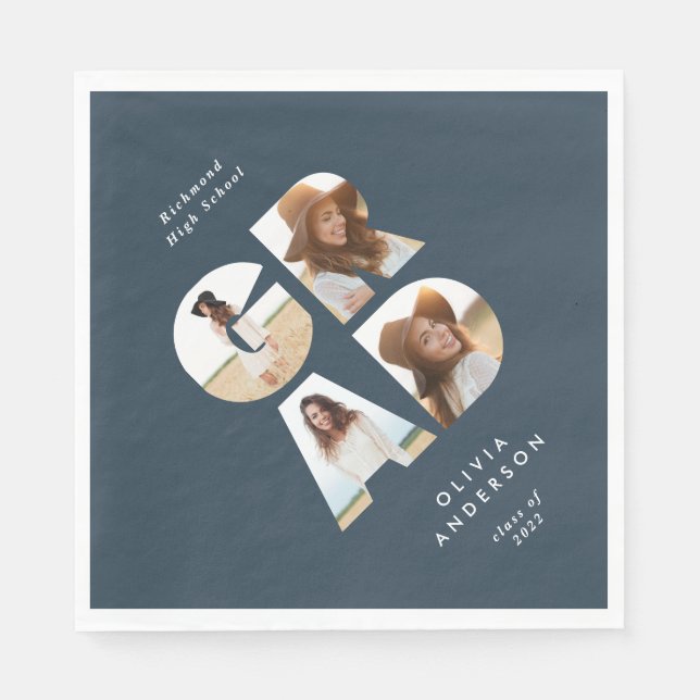 Graduation 4 photo modern personalised navy blue napkins (Front)