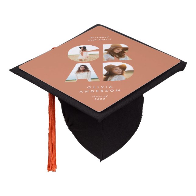 Graduation 4 photo modern personalised peach cap topper (Angled)