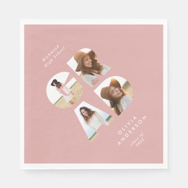 Graduation 4 photo modern personalised pink girly napkins (Front)