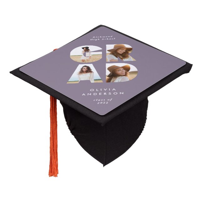 Graduation 4 photo modern personalised purple chic graduation cap topper (Angled)
