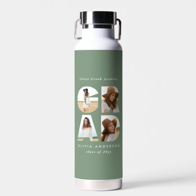 Graduation 4 photo modern personalised sage green water bottle (Front)