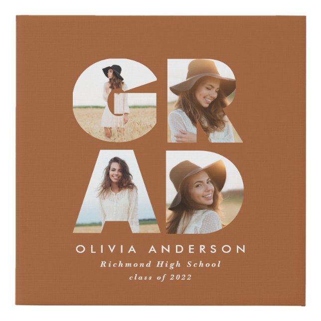 Graduation 4 photo modern personalised terracotta faux canvas print (Front)