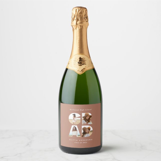 Graduation 4 photo modern personalised terracotta sparkling wine label (Front)