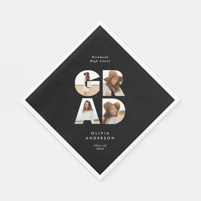 Graduation 4 photo modern personalized black white napkins (Corner)
