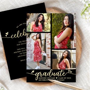 Graduation 4 Photo Modern Script Black Real Gold Foil Invitation