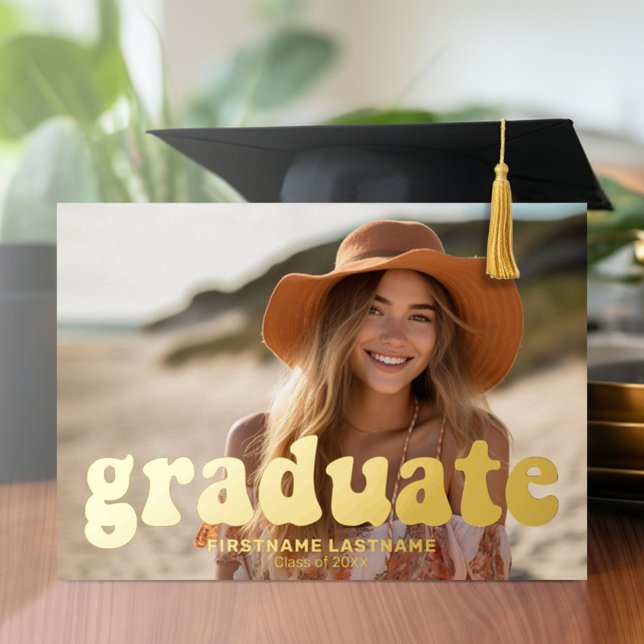 Graduation 4 Photo Retro Funky Gold Party Foil Invitation (Graduation Party Invitation with Multiple Photos)