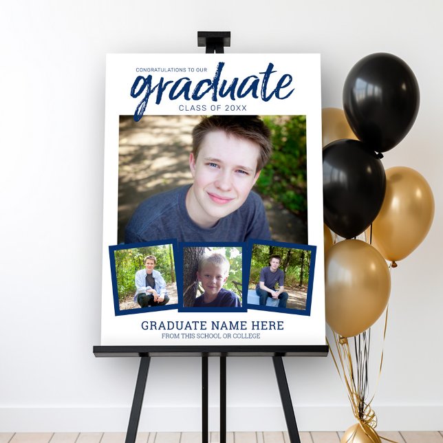 Graduation 4 Photos - Graduate Modern Script Blue Foam Board (Custom Graduation Party Sign - 4 Photos)