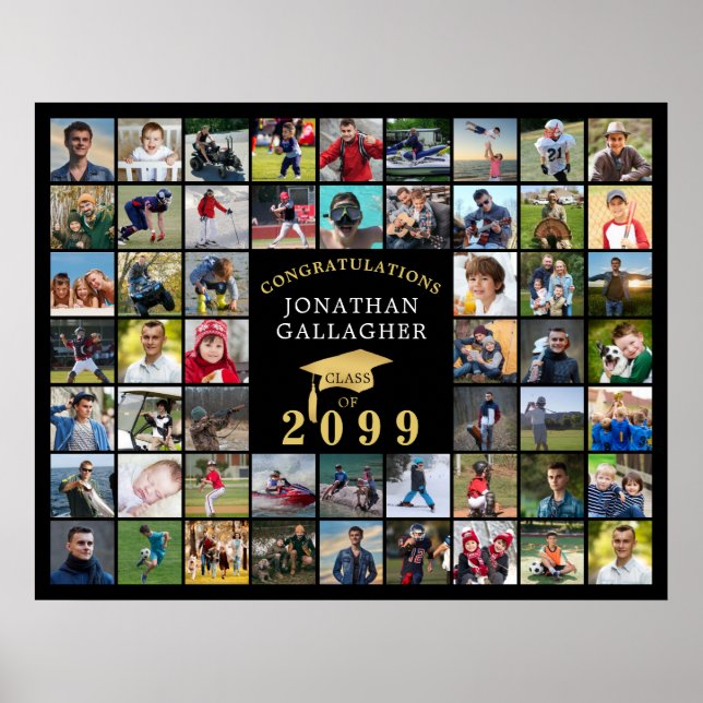 Graduation 54 Photo Collage Black Gold Cap Poster (Front)