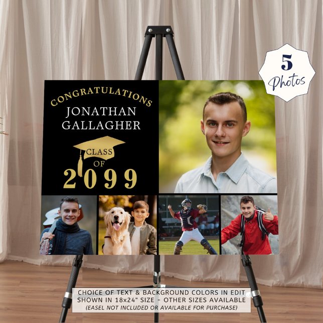 Graduation 5 Photo Collage Black Gold Cap Foam Board (Creator Uploaded)