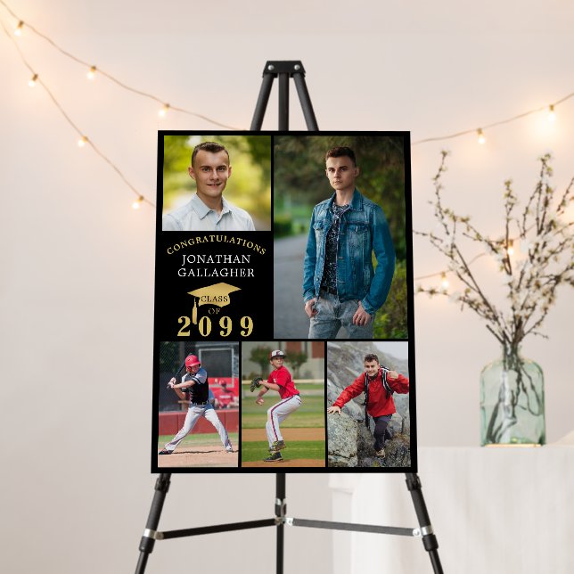 Graduation 5 Photo Collage Black Gold Cap Foam Board (In Situ (Stand))