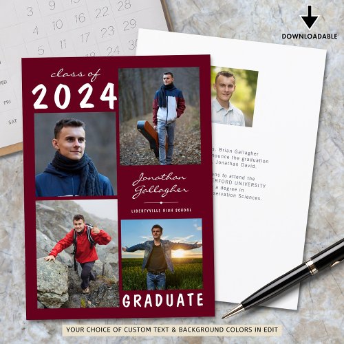 Graduation 5 Photo Handwritten Burgundy Maroon Announcement