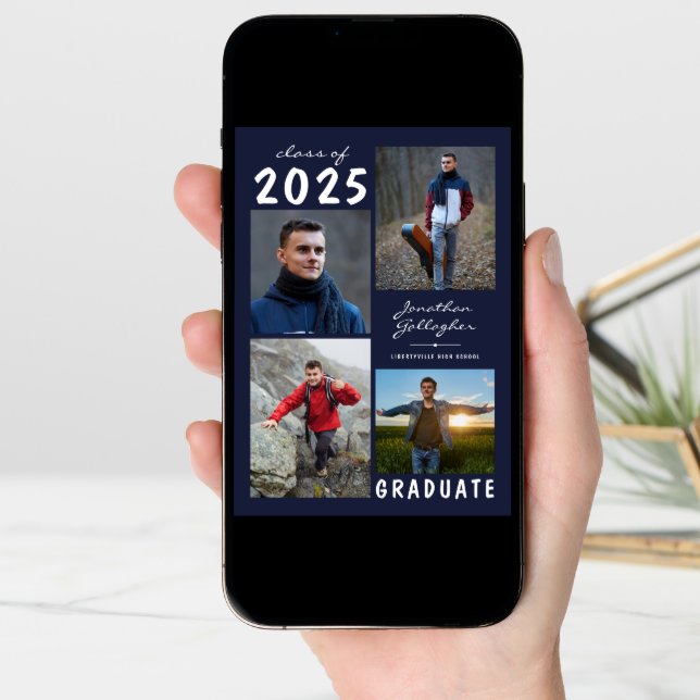 Graduation 5 Photo Handwritten Name Navy Blue Announcement (Front Digital)