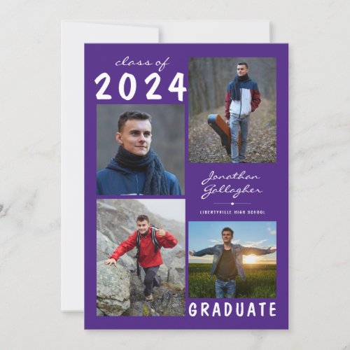 Graduation 5 Photo Handwritten Purple Announcement