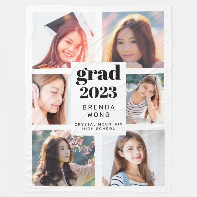 Graduation 6 Photo Collage Black Script White 2025 Fleece Blanket (Front)