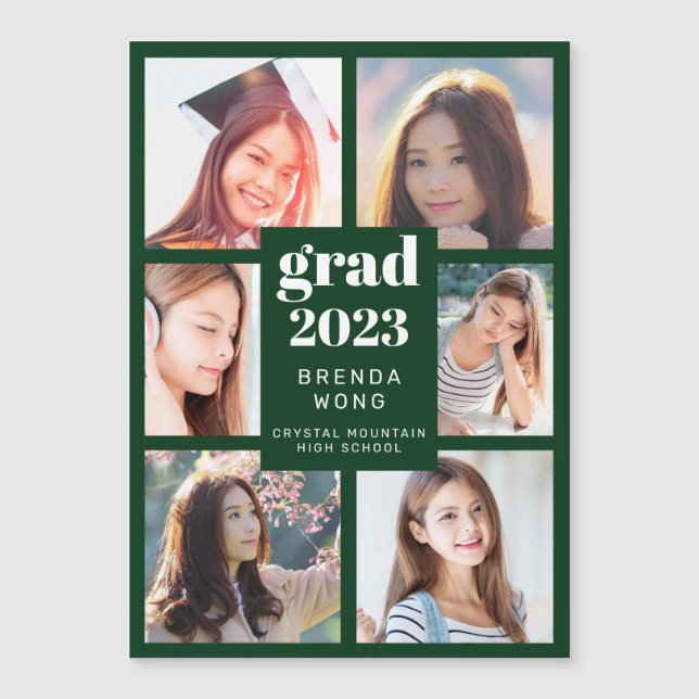 Graduation 6 Photo Collage White Script Green (Front)