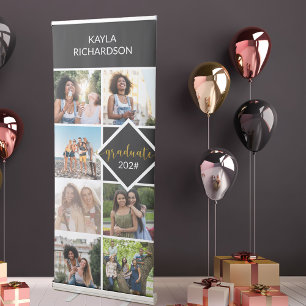 Graduation 7 Photo Collage Black and Gold Retractable Banner