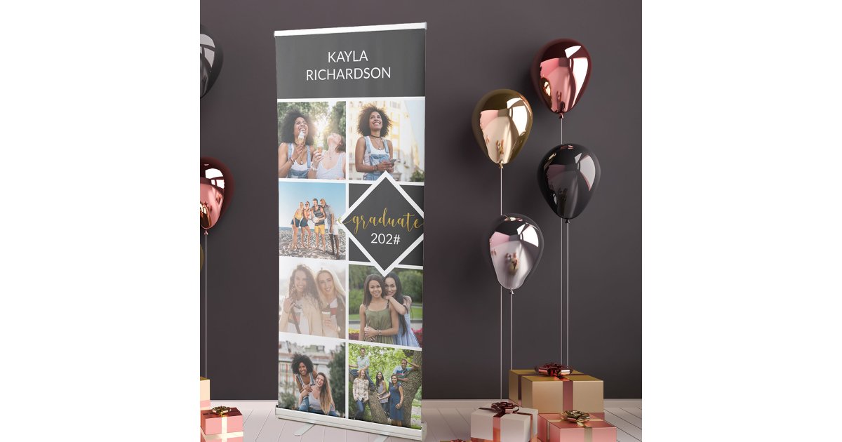 Graduation 7 Photo Collage Black and Gold Retractable Banner | Zazzle