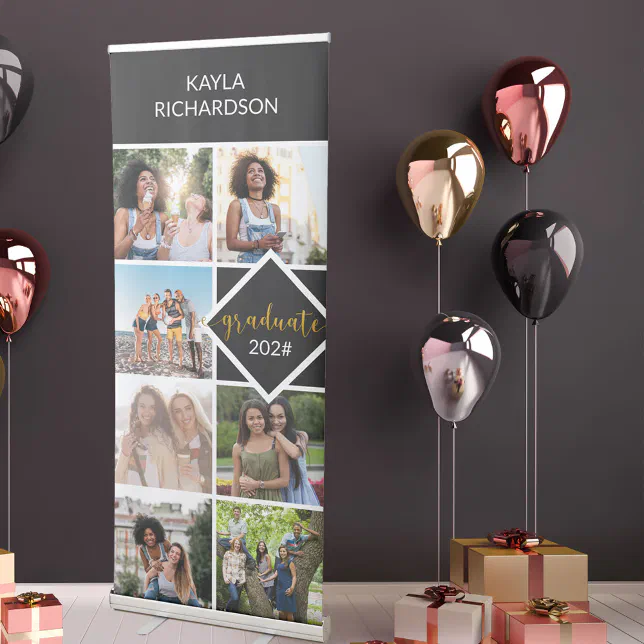 Graduation 7 Photo Collage Black and Gold Retractable Banner | Zazzle