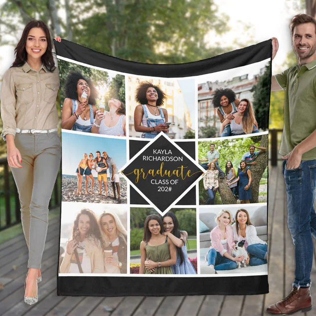 Graduation 8 Photo Grid Collage in Black and Gold Fleece Blanket Zazzle