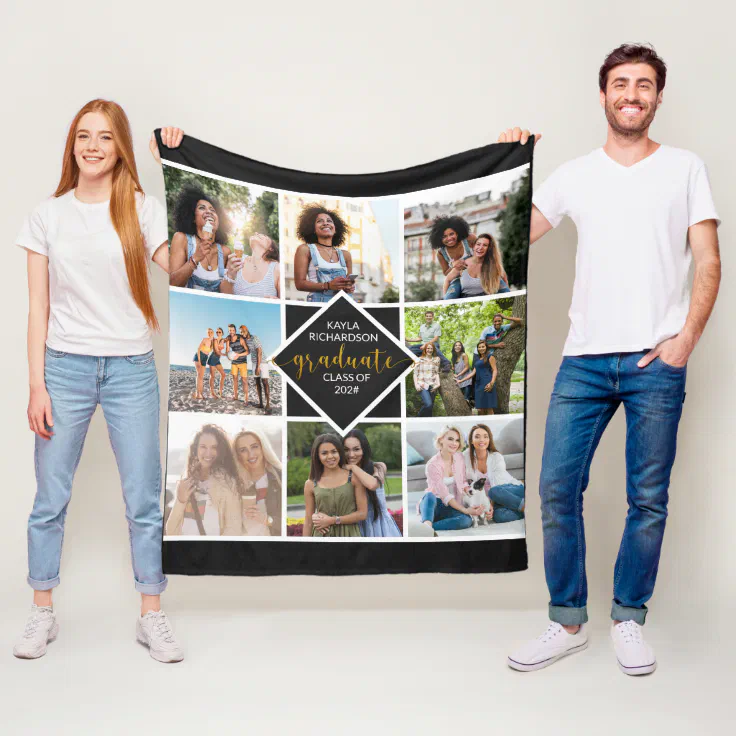 Graduation 8 Photo Grid Collage in Black and Gold Fleece Blanket Zazzle