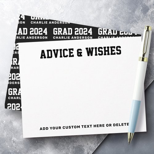 Graduation advice and wishes grad year black white note card