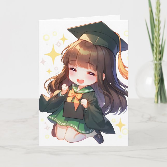 Graduation Anime Girl Student Holiday Card (Front)