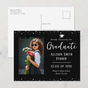 Graduation Announcement Black and Silver Photo Postcard