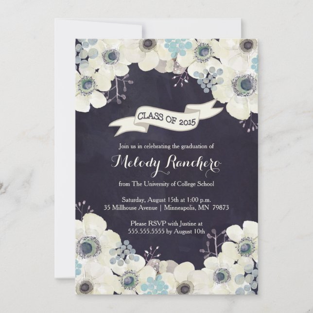 Graduation Announcement - blue gray anemone flower (Front)