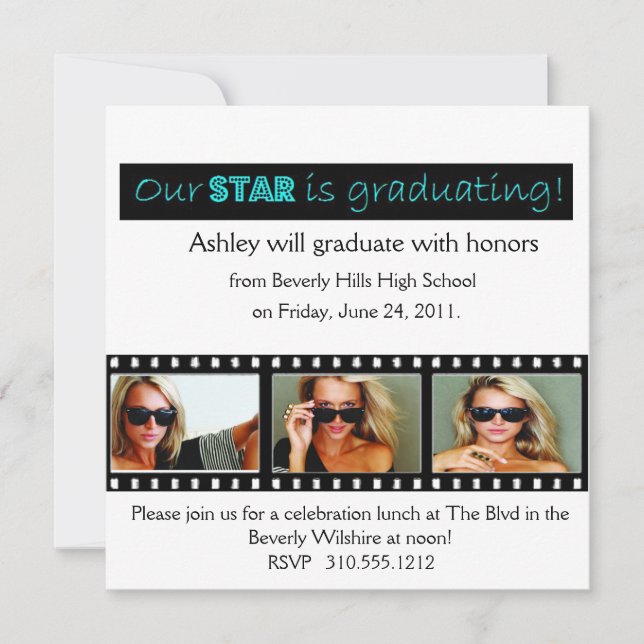 Graduation Announcement Hollywood Star Aqua (Front)